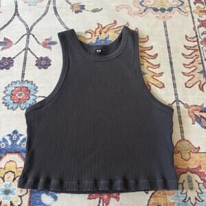 Uniqlo Charcoal Grey Ribbed High Neck Cropped Halter Tank Large Stretchy
